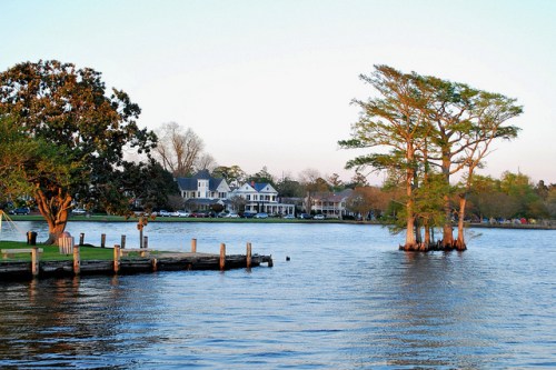 A serene lake scene featuring trees, a dock, and charming houses in the background under a clear sky.