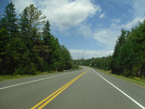 A winding road surrounded by lush green trees under a partly cloudy sky.
