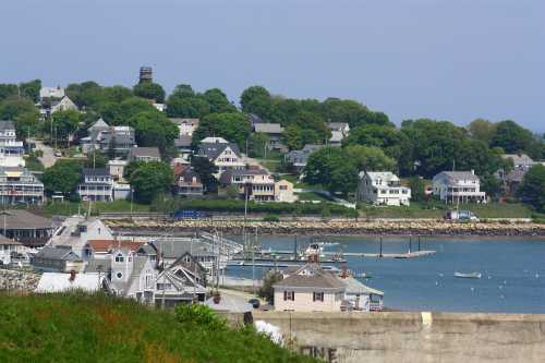 A coastal town with houses on a hillside, a marina, and boats in the water under a clear blue sky.