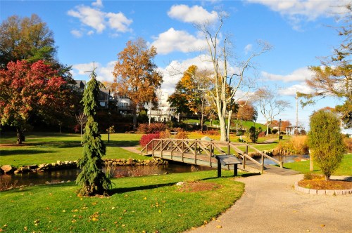 A scenic park with a wooden bridge over a stream, surrounded by trees and colorful autumn foliage under a blue sky.
