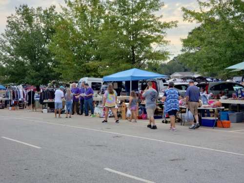 A bustling outdoor market with vendors under tents, shoppers browsing various items, and trees in the background.
