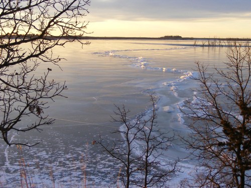 A serene winter landscape featuring a frozen lake, with icy patches and silhouetted trees against a golden sunset.