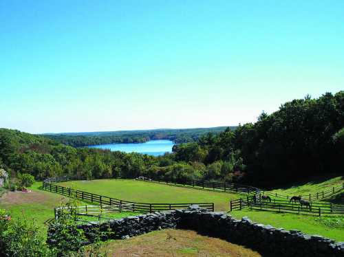 A scenic view of a lush green landscape with a lake in the distance, framed by trees and a stone fence.