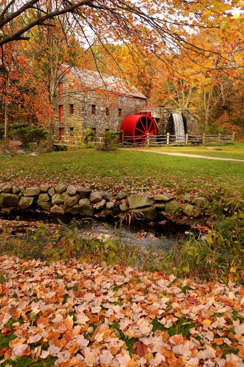 A historic stone mill with a red water wheel, surrounded by colorful autumn foliage and a stream with fallen leaves.