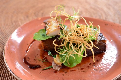 A beautifully plated dish featuring tender meat, greens, crispy noodles, and a drizzle of sauce on a pink plate.