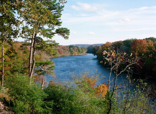 A serene river flows through a colorful forest, with trees displaying autumn foliage under a clear blue sky.