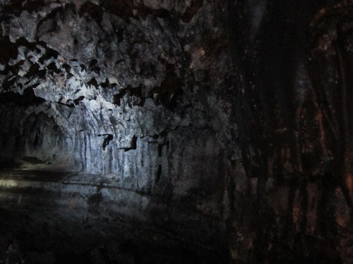 Dimly lit cave interior with textured rock formations and shadows creating an eerie atmosphere.