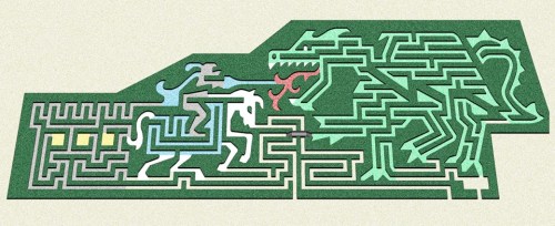 A maze featuring a knight on horseback facing a dragon, with intricate paths and a castle in the background.