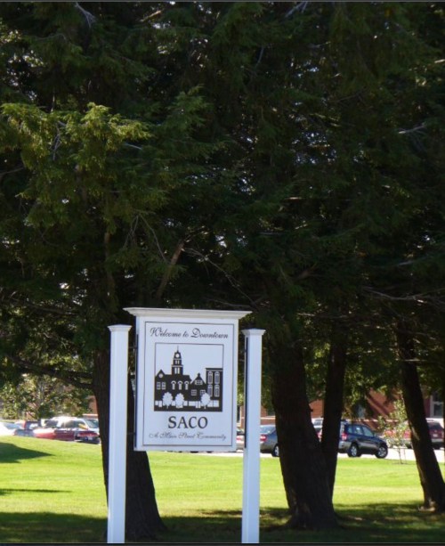 Welcome sign for Saco, framed by tall trees, with a clear blue sky in the background.