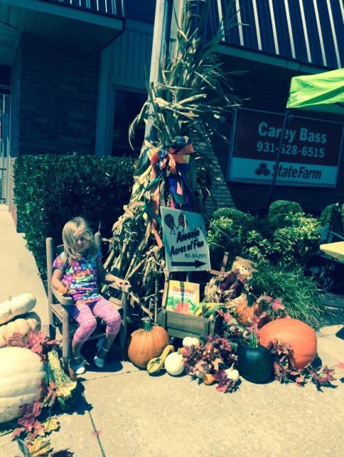 A child sits beside a fall-themed display with pumpkins, corn stalks, and autumn decorations.