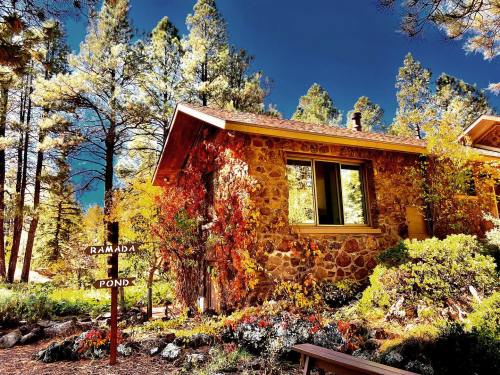 A stone cabin surrounded by colorful foliage and tall pine trees, with a sign pointing to "Ramada" and "Pond."