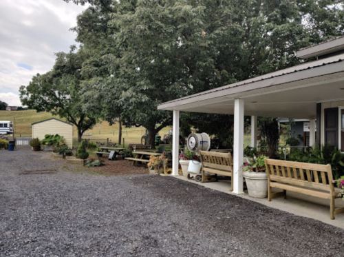 A rustic outdoor area with wooden benches, potted plants, and a gravel path, surrounded by trees and fields.