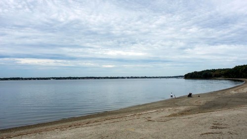 A calm beach scene with a sandy shore, gentle waves, and a cloudy sky, featuring a few people in the distance.