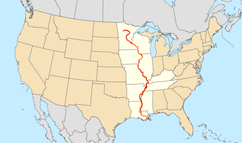 Map of the United States highlighting the Mississippi River with a red line, showing its course from Minnesota to Louisiana.