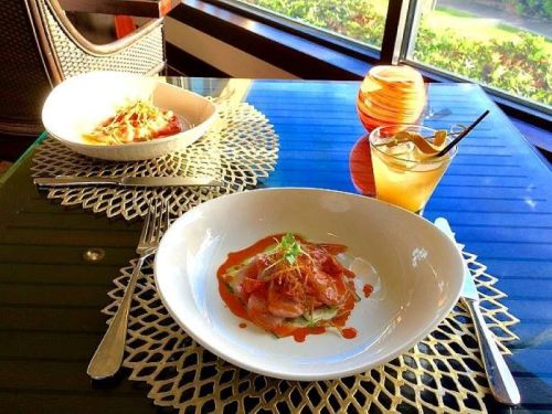 Two elegant plates of food on a table with drinks, set against a window with a view of greenery outside.
