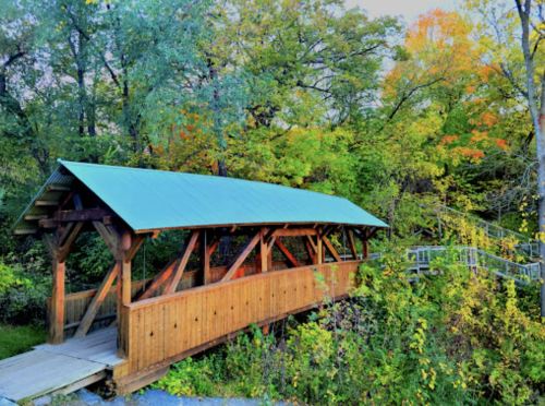 A wooden bridge with a green roof surrounded by vibrant autumn foliage and trees.