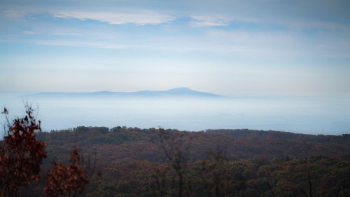 A misty mountain landscape with soft blue hues and autumn foliage in the foreground.