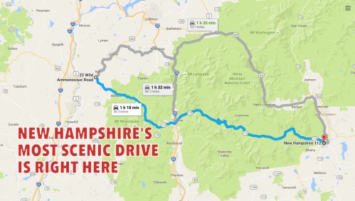 Map highlighting New Hampshire's scenic drive with route details and travel times. Text reads: "New Hampshire's most scenic drive is right here."
