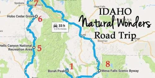 Map of an Idaho road trip highlighting natural wonders, with numbered stops and a total distance of 1,576 miles.
