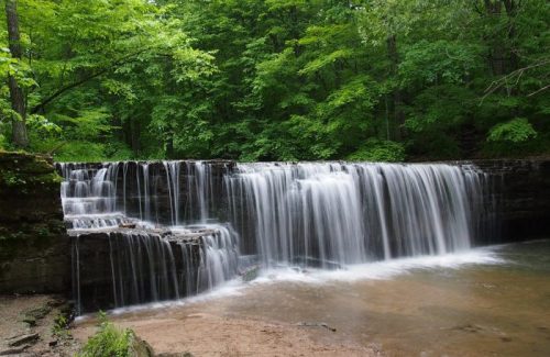 A serene waterfall cascades over rocky ledges, surrounded by lush green trees in a tranquil forest setting.
