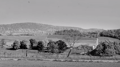 A black and white landscape featuring rolling hills, trees, and a distant farmhouse in a rural setting.