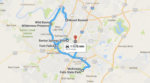 Map showing a route of 40.5 miles connecting Mount Bonnell, Barton Springs Pool, Twin Falls, and McKinney Falls State Park.