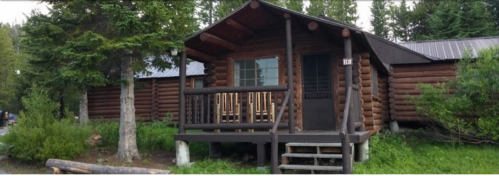 A rustic log cabin with a porch, surrounded by trees and greenery.