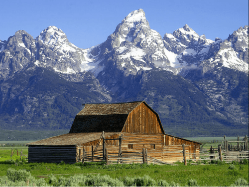 A rustic wooden barn in a green field, with snow-capped mountains in the background under a clear blue sky.