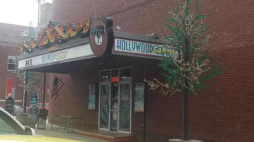 A storefront with a marquee reading "Hollywood Candy," featuring decorative trees and an open sign.