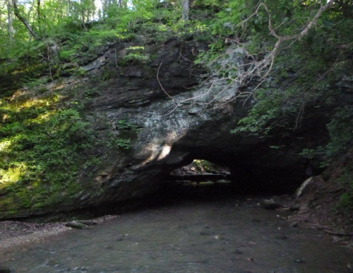 A rocky archway over a stream, surrounded by lush greenery and trees in a serene natural setting.