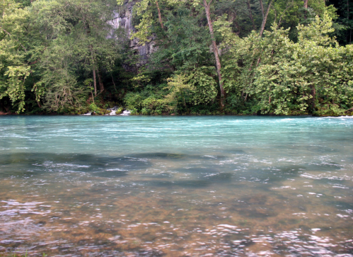 A serene river flows through a lush green landscape, with trees lining the banks and rocky cliffs in the background.