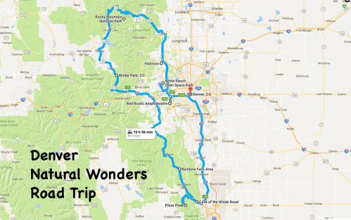 Map of a road trip route from Denver, highlighting natural wonders and parks in the surrounding area.