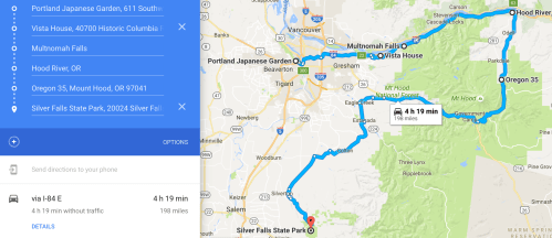 Map showing routes from Portland Japanese Garden to Silver Falls State Park, including stops at Vista House and Multnomah Falls.