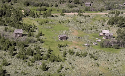 Aerial view of abandoned wooden cabins surrounded by lush green fields and trees.