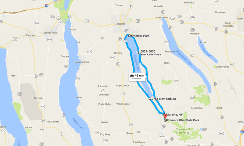 Map showing directions from Moravia, NY to Fillmore Glen State Park, with a travel time of 46 minutes.