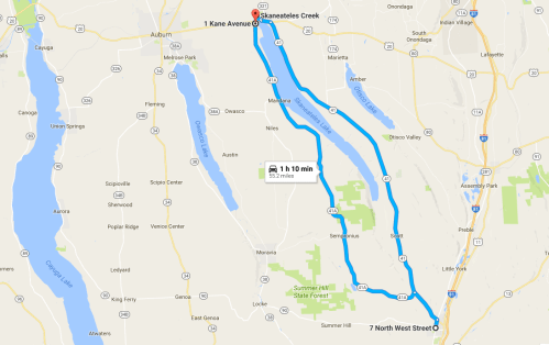 Map showing a route from 1 Kane Avenue to 7 North West Street, highlighting Skanateles Creek area.