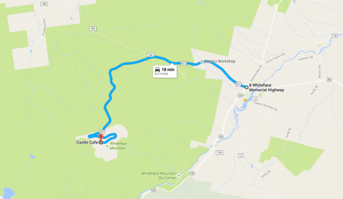 Map showing a route from Whiteface Mountain to Castle Cafe, with a travel time of 18 minutes.