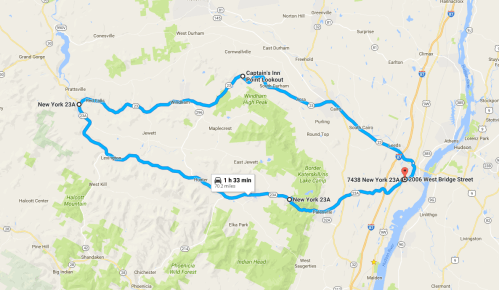 Map showing a route from New York 23A to 2016 West Bridge Street, with a travel time of 1 hour and 33 minutes.