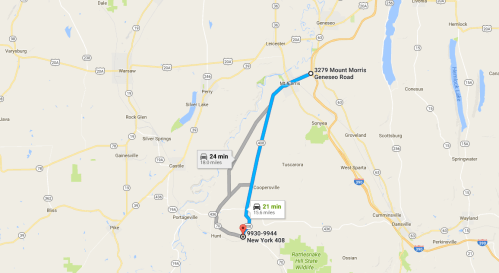 Map showing driving directions from New York 408 to 3279 Mount Morris Geneseo Road, with estimated travel times.