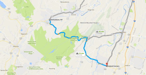 Map showing a route from Katherinsson, NY to Ireland Corners, with estimated travel times of 24 and 32 minutes.