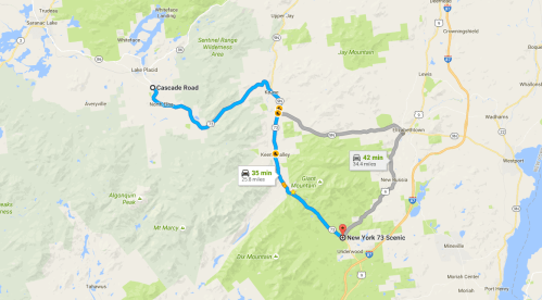 Map showing a route from Cascade Road to New York, highlighting distances and travel times.