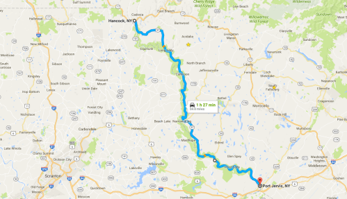 Map showing a route from Hancock, NY to Port Jervis, NY, highlighting roads and nearby landmarks.
