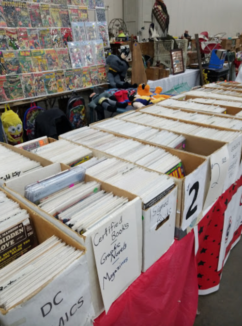 A table filled with comic books and graphic novels, with boxes labeled for different categories at a market.