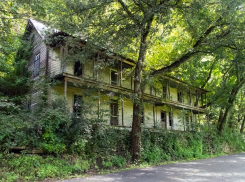 Abandoned two-story house surrounded by overgrown trees and vegetation, with a gravel road in front.