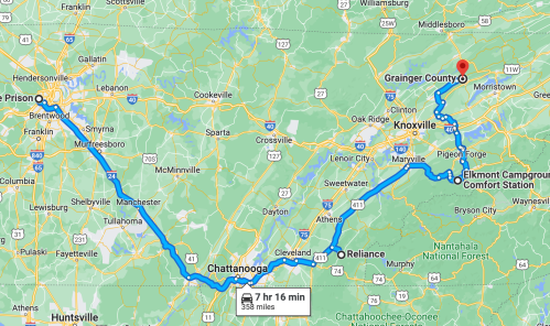 Map showing a route from Brushy Mountain Prison to Grainger County, Tennessee, covering 338 miles in approximately 7 hours.