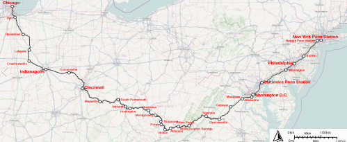 Map showing a train route from Chicago to New York, passing through cities like Indianapolis, Cincinnati, and Washington D.C.