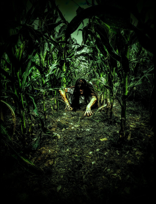 A figure crawls through a dark cornfield, surrounded by tall, dense corn stalks, creating a tense, eerie atmosphere.