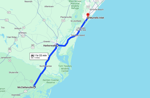 Map showing a route from McClellanville to Murrells Inlet, highlighting a 1 hour 22 minute drive over 68.1 miles.