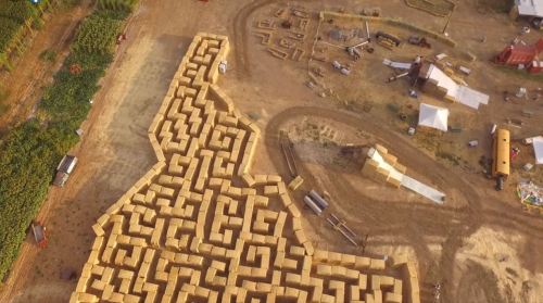 Aerial view of a large corn maze and construction site, with pathways and structures in a rural landscape.