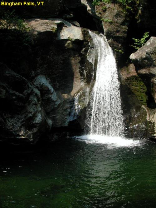 A serene waterfall cascades over rocks into a tranquil pool at Bingham Falls, Vermont, surrounded by lush greenery.